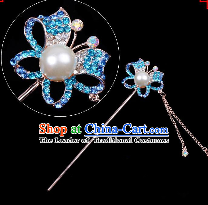 Traditional China Beijing Opera Hua Tan Hair Accessories Blue Crystal Butterfly Hairpin, Ancient Chinese Peking Opera Tassel Step Shake Women Hairpins Diva Temple Kanzashi Headwear