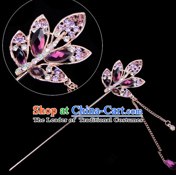 Traditional China Beijing Opera Hua Tan Hair Accessories Purple Crystal Leaf Hairpin, Ancient Chinese Peking Opera Tassel Step Shake Women Hairpins Diva Temple Kanzashi Headwear