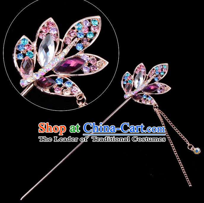 Traditional China Beijing Opera Hua Tan Hair Accessories Colorful Crystal Leaf Hairpin, Ancient Chinese Peking Opera Tassel Step Shake Women Hairpins Diva Temple Kanzashi Headwear