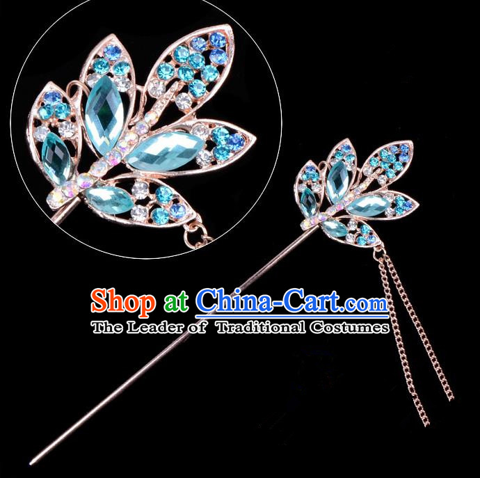 Traditional China Beijing Opera Hua Tan Hair Accessories Blue Crystal Leaf Hairpin, Ancient Chinese Peking Opera Tassel Step Shake Women Hairpins Diva Temple Kanzashi Headwear