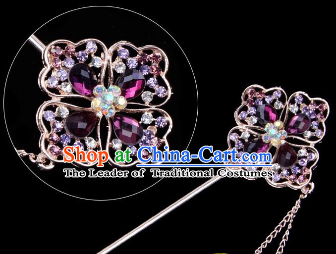 Traditional China Beijing Opera Palace Lady Hair Accessories Purple Crystal Hairpin, Ancient Chinese Peking Opera Tassel Step Shake Women Hairpins Diva Kanzashi Headwear