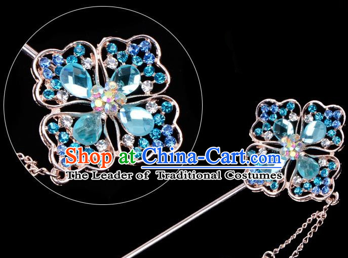 Traditional China Beijing Opera Palace Lady Hair Accessories Blue Crystal Hairpin, Ancient Chinese Peking Opera Tassel Step Shake Women Hairpins Diva Kanzashi Headwear