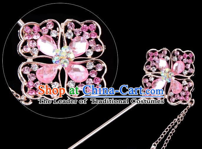 Traditional China Beijing Opera Palace Lady Hair Accessories Pink Crystal Hairpin, Ancient Chinese Peking Opera Tassel Step Shake Women Hairpins Diva Kanzashi Headwear