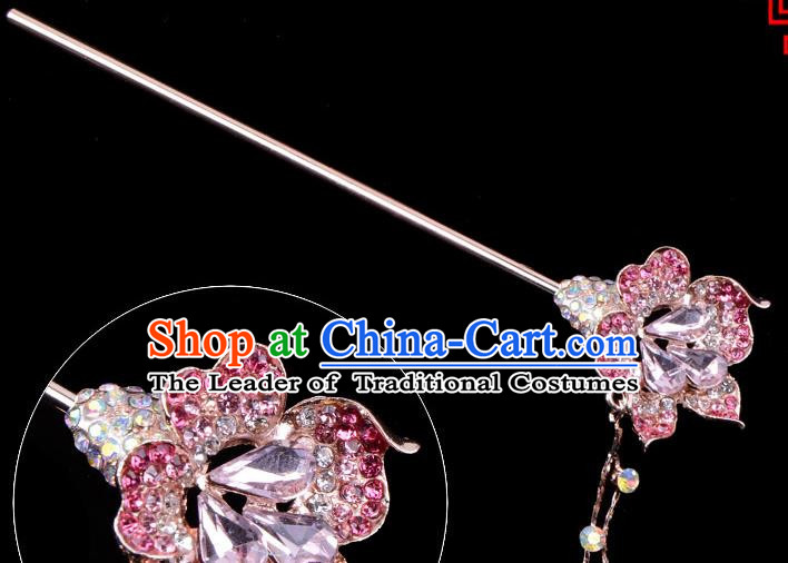 Traditional China Beijing Opera Palace Lady Hair Accessories Pink Crystal Flower Hairpin, Ancient Chinese Peking Opera Tassel Step Shake Women Hairpins Diva Kanzashi Headwear