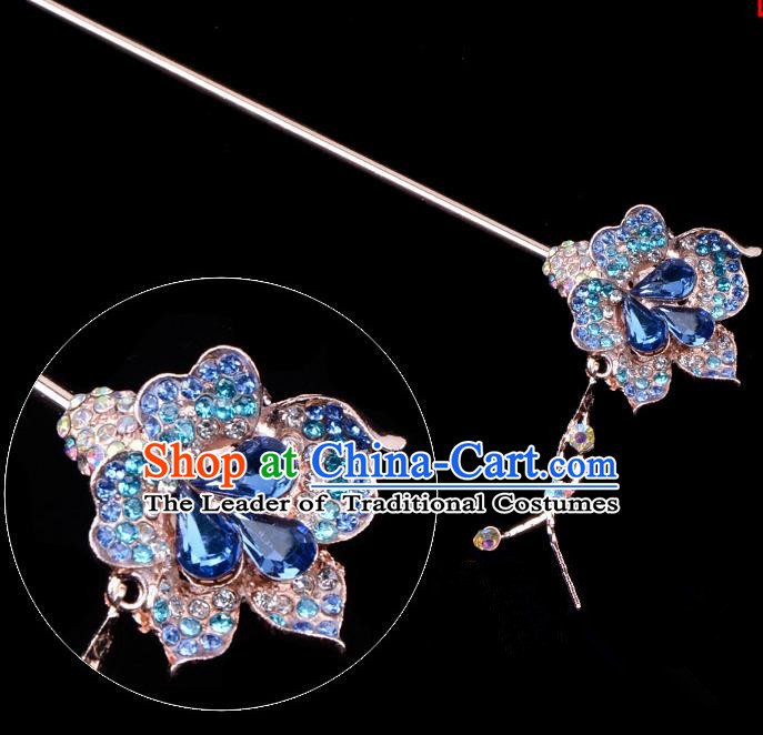 Traditional China Beijing Opera Palace Lady Hair Accessories Blue Crystal Flower Hairpin, Ancient Chinese Peking Opera Tassel Step Shake Women Hairpins Diva Kanzashi Headwear