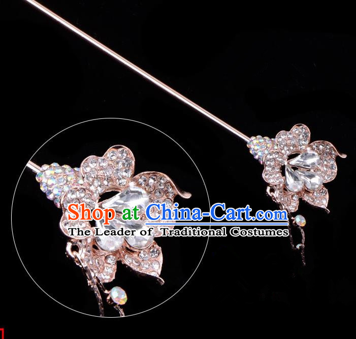 Traditional China Beijing Opera Palace Lady Hair Accessories Crystal Flower Hairpin, Ancient Chinese Peking Opera Tassel Step Shake Women Hairpins Diva Kanzashi Headwear