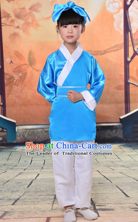 Traditional Chinese Classical Gukhak Costume, China Ancient Folk Dance Scholar Blue Clothing for Kids