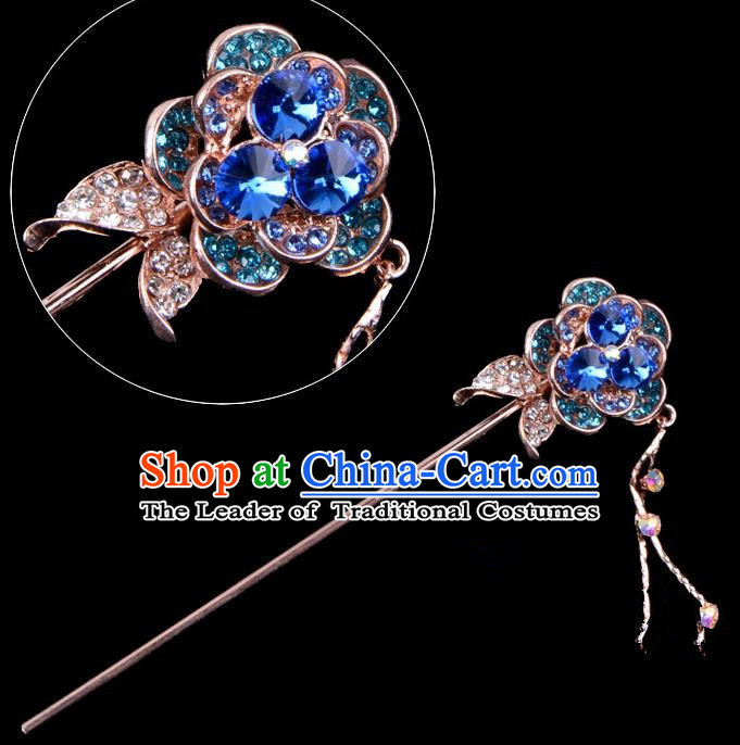 Traditional China Beijing Opera Palace Princess Hair Accessories Crystal Blue Flower Hairpin, Ancient Chinese Peking Opera Tassel Step Shake Women Hairpins Diva Kanzashi Headwear