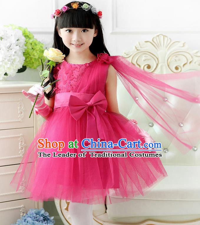 Top Grade Chinese Compere Professional Performance Catwalks Costume, Children Rosy Veil Bubble Dress Modern Dance Dress for Girls Kids