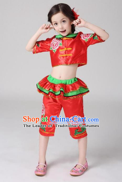 Traditional Chinese Classical Dance Yangge Fan Dance Costume, Children Folk Dance Drum Dance Uniform Yangko Red Clothing for Kids