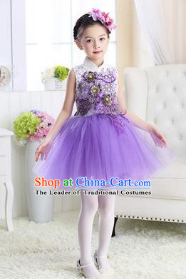 Top Grade Chinese Compere Professional Performance Catwalks Costume, Children Modern Dance Purple Veil Bubble Dress for Girls Kids