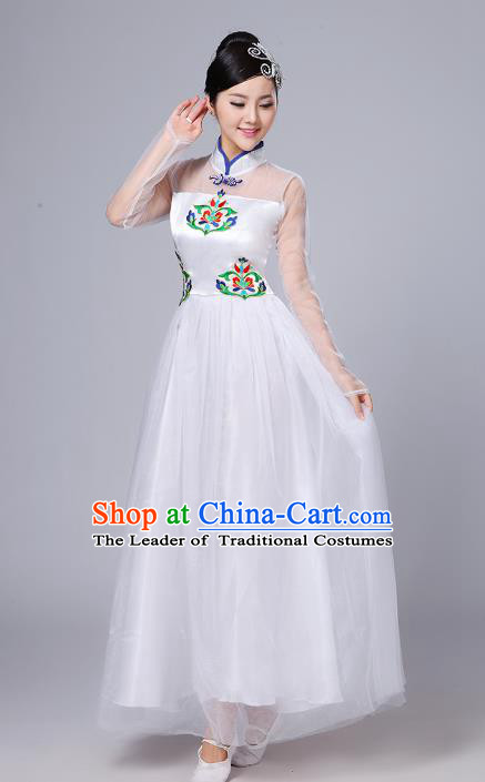 Top Grade Chinese Compere Professional Performance Catwalks Costume, China Stand Collar Modern Dance White Dress for Women