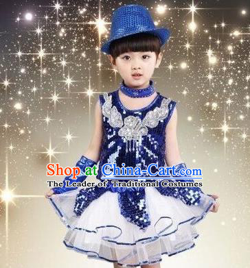 Top Grade Chinese Professional Performance Catwalks Costume, China Jazz Dance Modern Dance Blue Paillette Dress for Girls