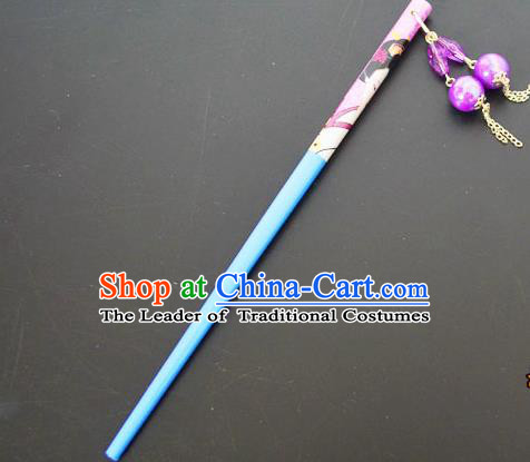 Traditional Handmade Chinese Classical Peking Opera Tassel Blue Hair Stick Hair Accessories, China Beijing Opera Step Shake Wood Hairpins