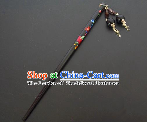 Traditional Handmade Chinese Classical Peking Opera Tassel Black Hair Stick Hair Accessories, China Beijing Opera Step Shake Wood Hairpins