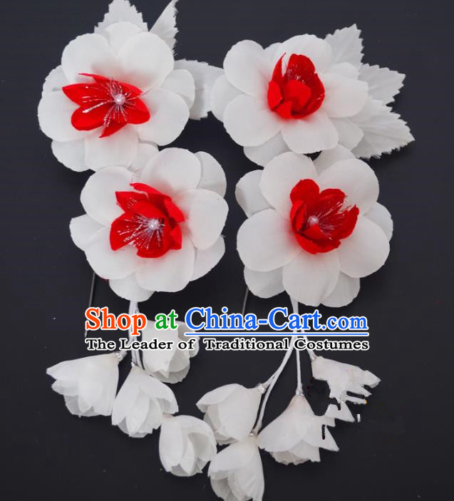 Traditional Handmade Chinese Classical Peking Opera White Silk Flowers Hair Stick Hair Accessories, China Beijing Opera Diva Step Shake Tassel Hairpins