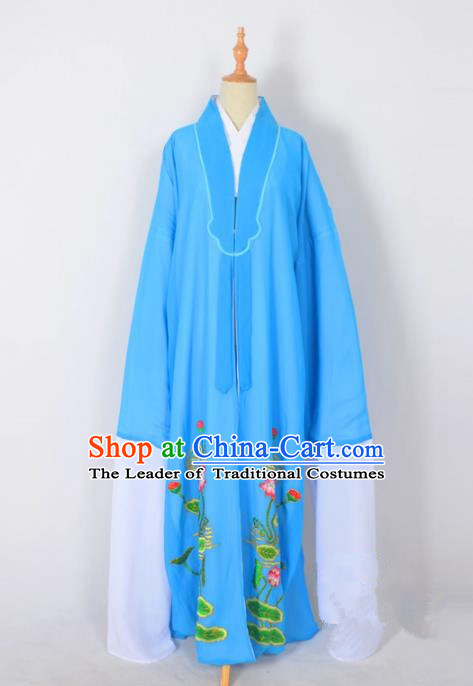 Traditional Chinese Professional Peking Opera Young Men Costume, China Beijing Opera Shaoxing Opera Niche Embroidery Lotus Blue Long Robe Clothing