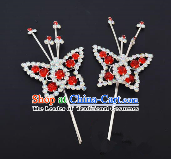 Traditional Handmade Chinese Classical Peking Opera Diva Hair Accessories, China Beijing Opera Hua Tan Red Crystal Butterfly Hairpins Headwear