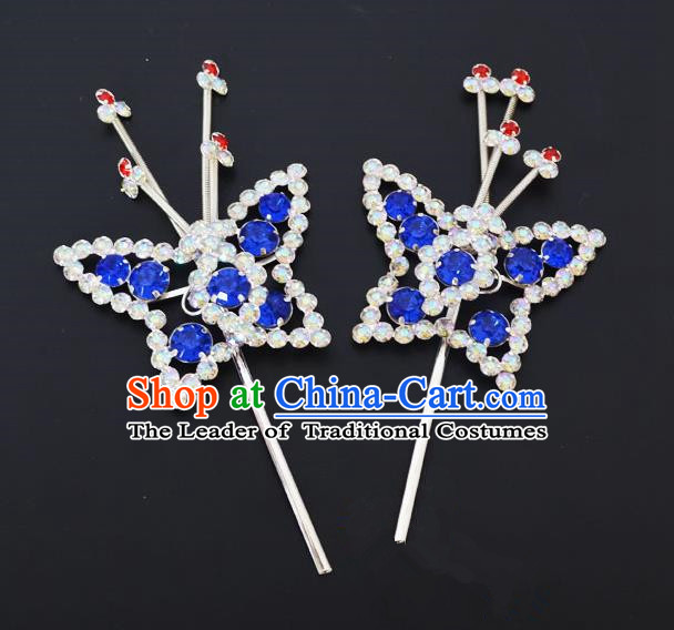 Traditional Handmade Chinese Classical Peking Opera Diva Hair Accessories, China Beijing Opera Hua Tan Blue Crystal Butterfly Hairpins Headwear