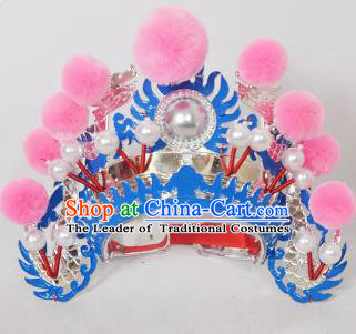 Traditional Handmade Chinese Classical Peking Opera Blues Accessories Pink Venonat Hat, China Beijing Opera Swordplay Warriors Blue Headwear