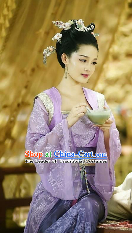 Traditional Chinese Northern and Southern Dynasties Princess Costume and Headpiece Complete Set, Princess Agents China Ancient Infanta Hanfu Dress Clothing for Women