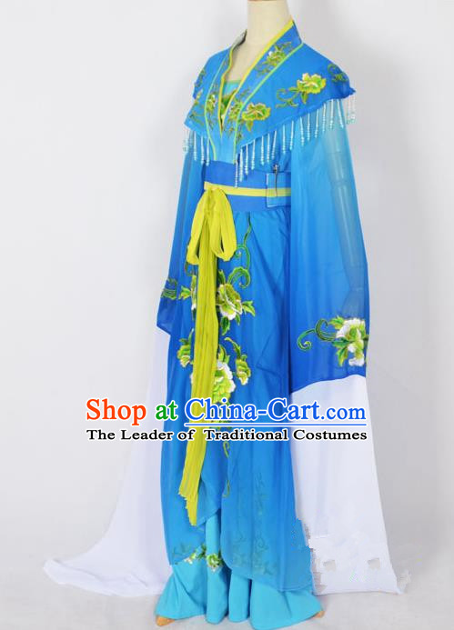 Traditional Chinese Professional Peking Opera Young Lady Princess Costume Blue Embroidery Dress, China Beijing Opera Diva Hua Tan Embroidered Robe Clothing