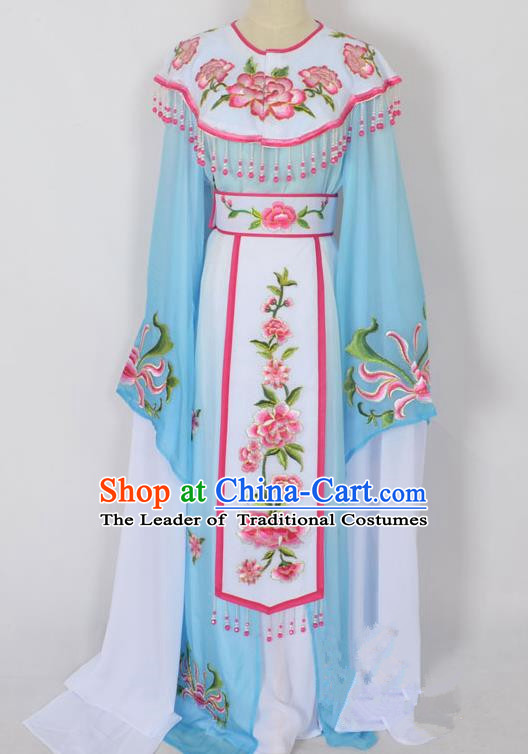 Traditional Chinese Professional Peking Opera Young Lady Princess Costume Blue Embroidery Peony Dress, China Beijing Opera Diva Hua Tan Embroidered Cloud Shoulder Clothing