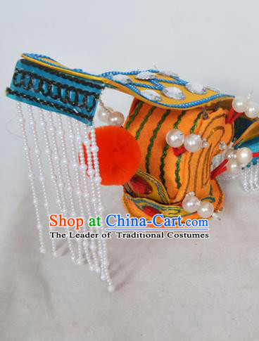 Traditional Handmade Chinese Classical Peking Opera Emperor Accessories Yellow Hat, China Beijing Opera King Headwear