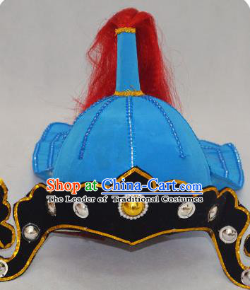 Traditional Handmade Chinese Classical Peking Opera Blues Accessories Blue Hat, China Beijing Opera Swordplay Warriors Headwear