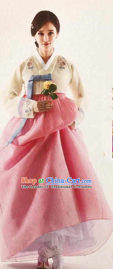 Traditional Korean Handmade Embroidery Bride Hanbok Pink Dress, Top Grade Korea Hanbok Wedding Costume for Women
