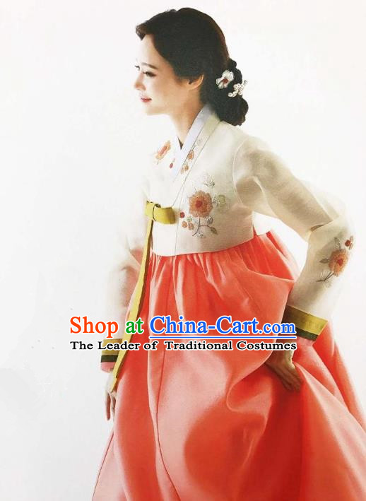 Traditional Korean Handmade Embroidery Bride Hanbok Orange Dress, Top Grade Korea Hanbok Wedding Costume for Women