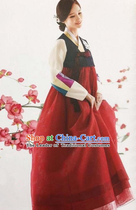 Traditional Korean Handmade Embroidery Bride Hanbok Red Dress, Top Grade Korea Hanbok Wedding Costume for Women