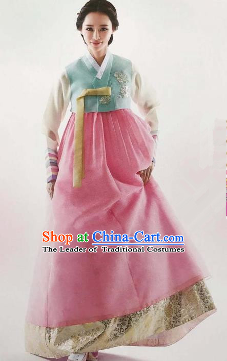 Traditional South Korean Handmade Embroidery Bride Hanbok Blue Blouse Full Dress, Top Grade Korea Hanbok Wedding Costume Complete Set for Women