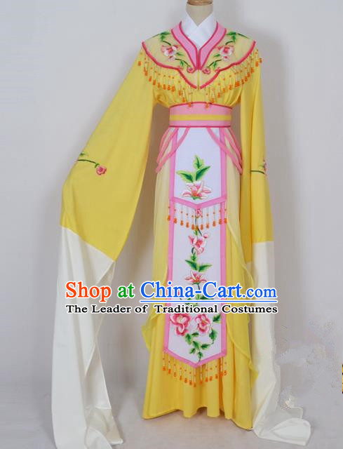 Traditional Chinese Professional Peking Opera Diva Young Lady Princess Water Sleeve Costume Yellow Embroidery Dress, China Beijing Opera Hua Tan Embroidered Clothing