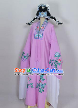 Traditional Chinese Professional Peking Opera Young Men Niche Costume Pink Embroidery Robe and Hat, China Beijing Opera Nobility Childe Scholar Embroidered Clothing