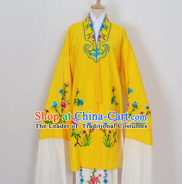 Traditional Chinese Professional Peking Opera Young Lady Costume Yellow Embroidery Mantel, China Beijing Opera Diva Hua Tan Embroidered Dress Clothing