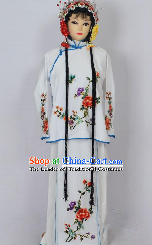 Traditional Chinese Professional Peking Opera Jordan-Sitting Costume White Embroidery Dress, Children China Beijing Opera Diva Hua Tan Embroidered Maidservants Clothing