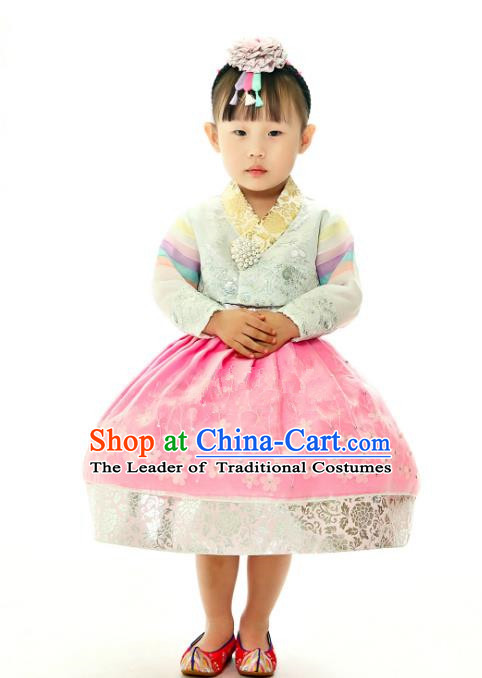 Traditional South Korean Handmade Embroidery Hanbok Children Birthday Pink Full Dress, Top Grade Korea Hanbok Costume Complete Set for Kids