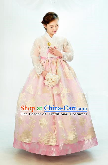 Traditional South Korean Handmade Hanbok Embroidery Bride Wedding Palace Satin Dress, Top Grade Korea Hanbok Costume Complete Set for Women