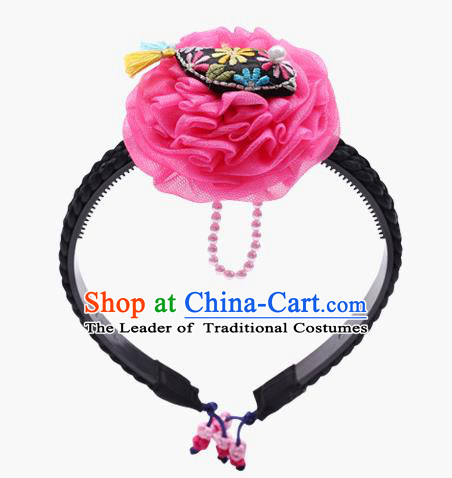 Traditional South Korean Handmade Embroidery Hair Accessories Pink Flower Headband, Top Grade Korea Children Hair Clasp Headwear for Kids