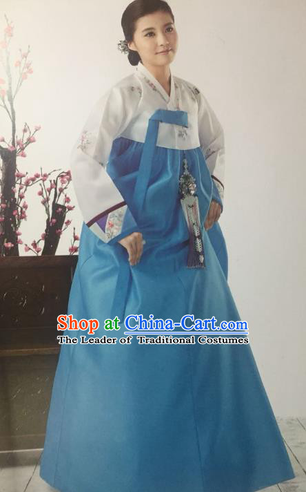 Traditional South Korean Handmade Hanbok Customization Mother Clothing Embroidery Blue Dress, Top Grade Korea Wedding Royal Hanbok Costume for Women