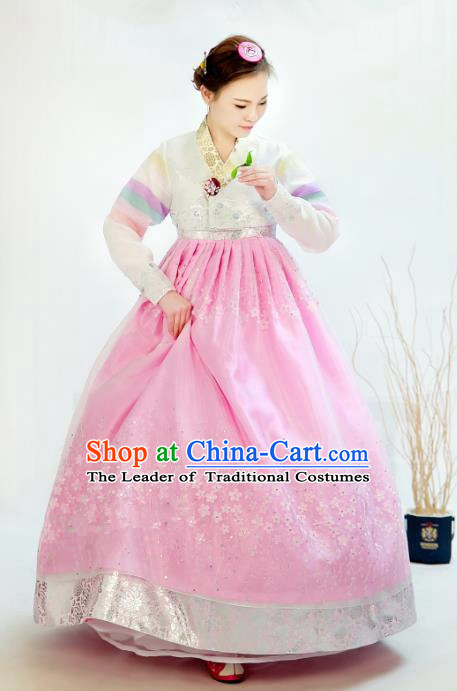 Traditional South Korean Handmade Hanbok Customization Bride Clothing Embroidery Blouse Pink Dress, Top Grade Korea Wedding Royal Hanbok Costume for Women