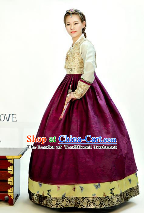 Traditional South Korean Handmade Hanbok Customization Mother Clothing Embroidery Blouse Amaranth Dress, Top Grade Korea Wedding Royal Hanbok Costume for Women