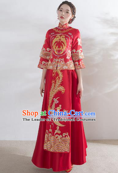 Traditional Ancient Chinese Wedding Costume Xiuhe Suits, Chinese Style Wedding Dress Red Restoring Longfeng Dragon and Phoenix Flown Bride Toast Cheongsam for Women