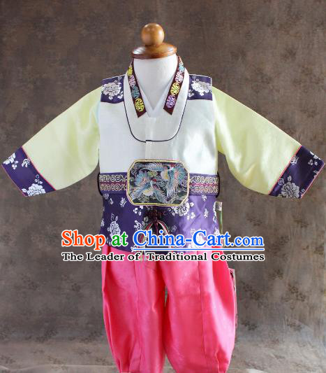 Traditional South Korean Handmade Hanbok Children Little Boys Birthday Customization Yellow Clothing, Top Grade Korea Hanbok Costume Complete Set for Kids