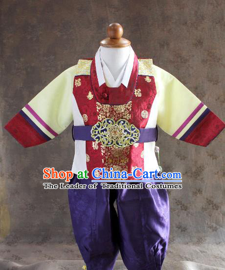 Traditional South Korean Handmade Hanbok Children Little Boys Birthday Customization Shirt and Pants, Top Grade Korea Hanbok Costume Complete Set for Kids