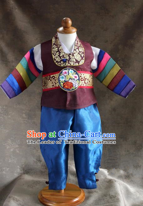 Traditional South Korean Handmade Hanbok Children Little Boys Birthday Customization Embroidery Brown Vest Shirt and Pants, Top Grade Korea Hanbok Costume Complete Set for Kids