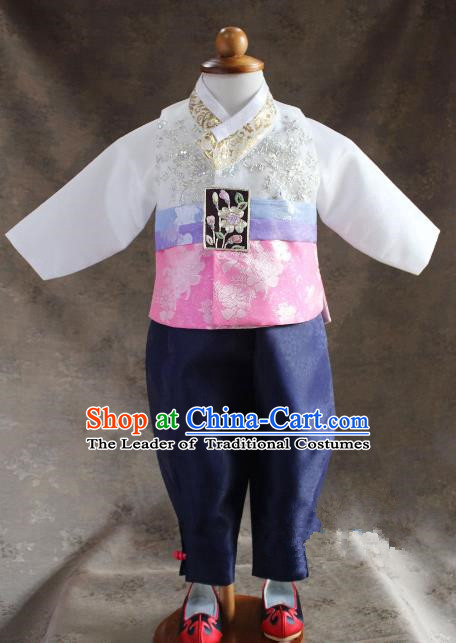 Traditional South Korean Handmade Hanbok Children Little Boys Birthday Customization Embroidery Clothing Complete Set, Top Grade Korea Hanbok Costume for Kids