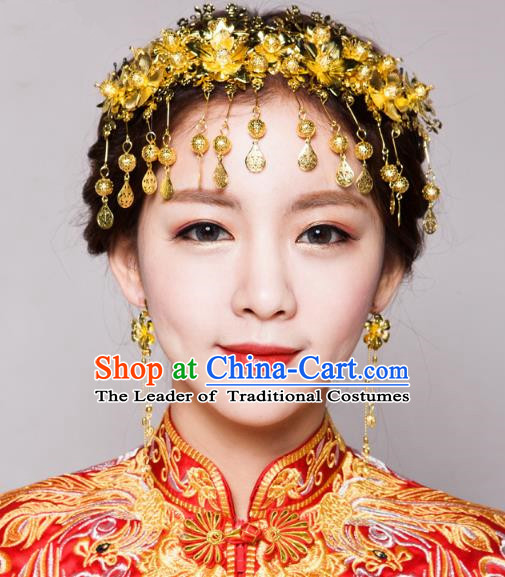 Traditional Handmade Chinese Ancient Classical Hair Accessories Bride Wedding Tassel Golden Phoenix Coronet, Xiuhe Suit Hair Jewellery Hair Fascinators Hairpins for Women