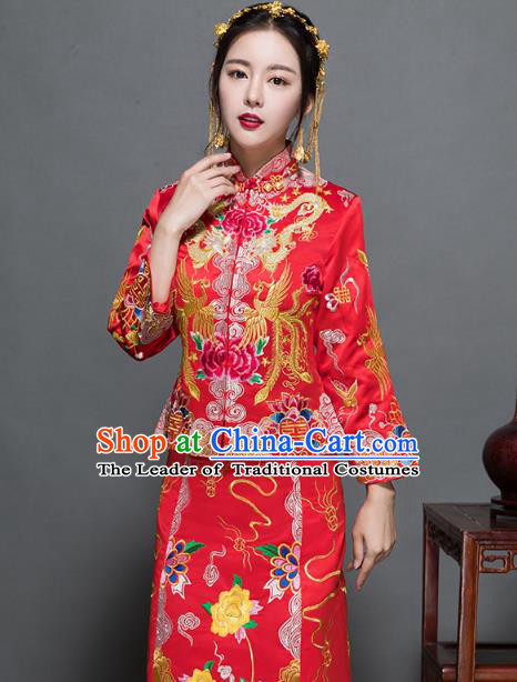 Traditional Ancient Chinese Wedding Costume Handmade XiuHe Suits Embroidery Dragons Phoenix Peony Bride Toast Cheongsam Dress, Chinese Style Hanfu Wedding Clothing for Women